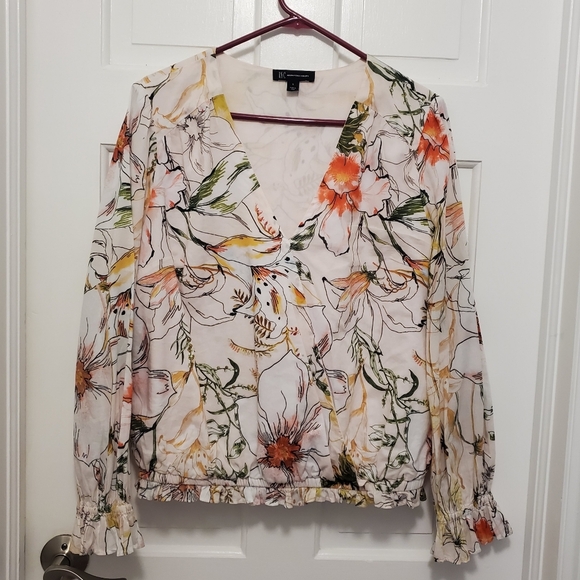 Inc. International Concepts Floral Print 100% Cotton L/S Top Lge, Ruffle Hemline - Picture 2 of 9